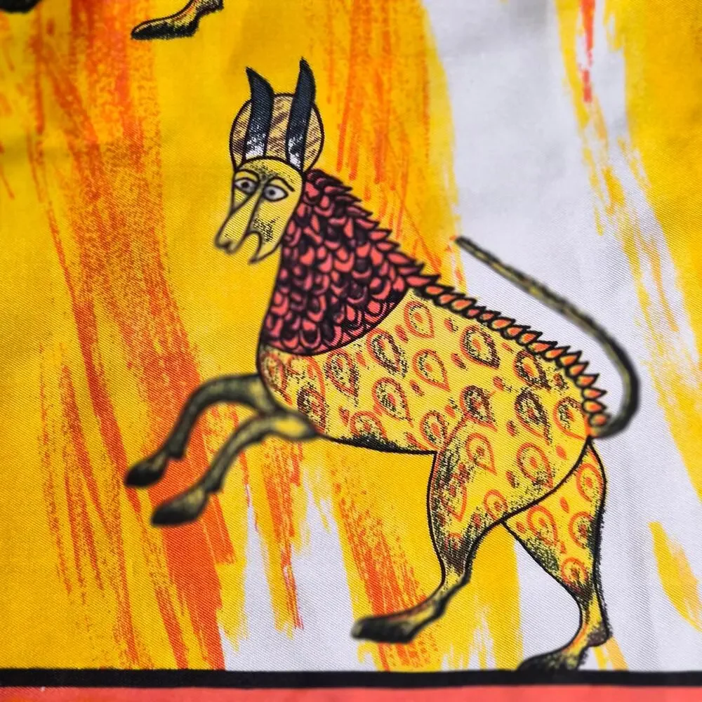 Vintage Mythical Gazelle Chimera Silk Square Scarf 31x31 Yellow Sun‎